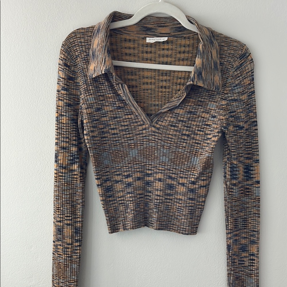 Chic Patterned Collared Long Sleeve Top